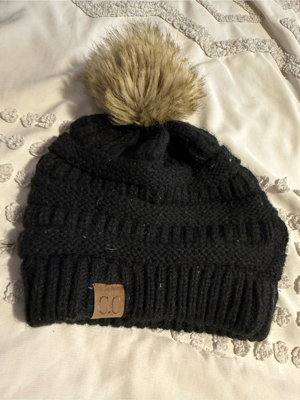 C.C Black Knit Pom Beanie with Faux Fur Pom